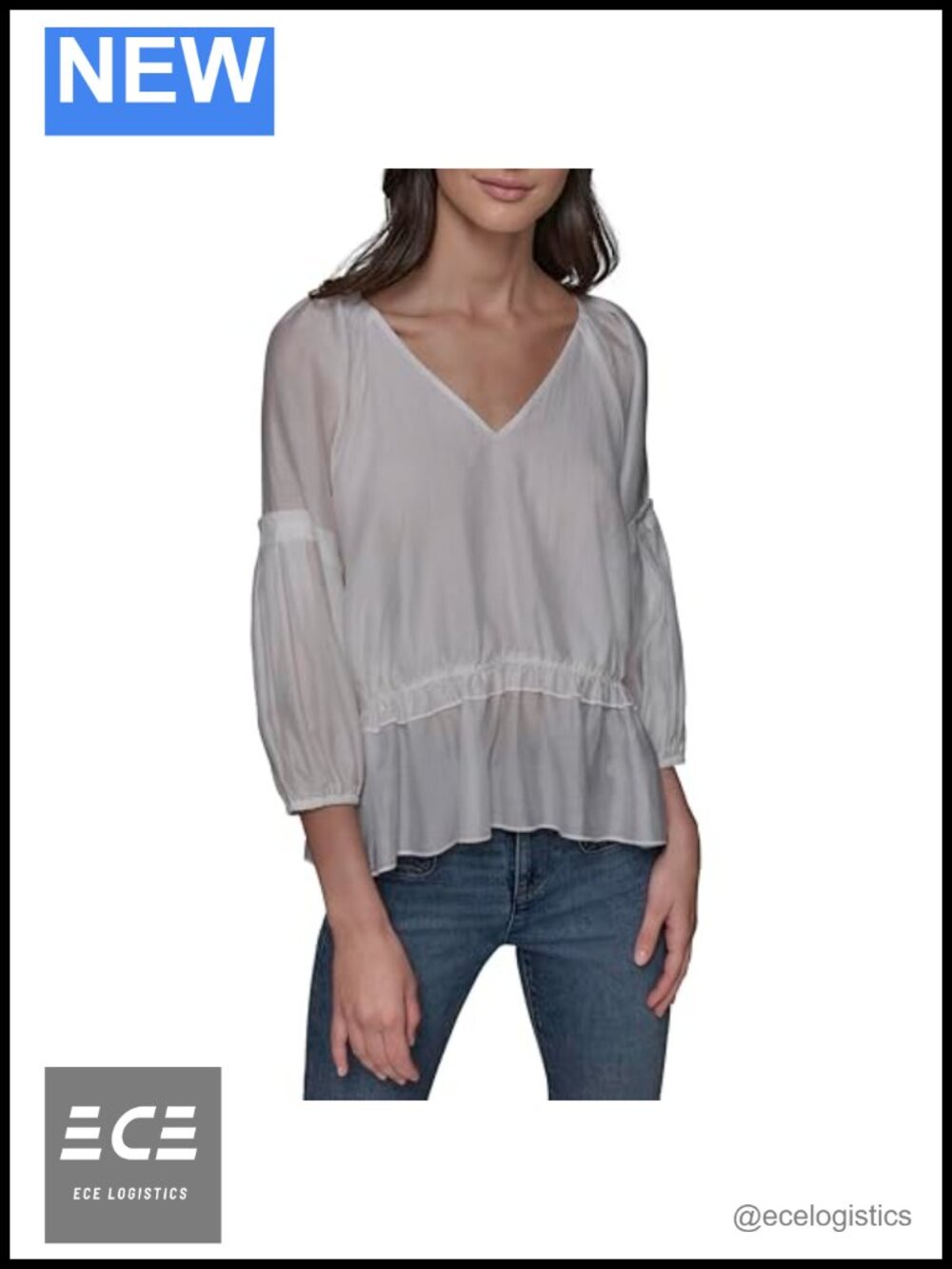V-Neck Ruffle Hem Blouse Long Sleeve Classic Fit Pull On Top